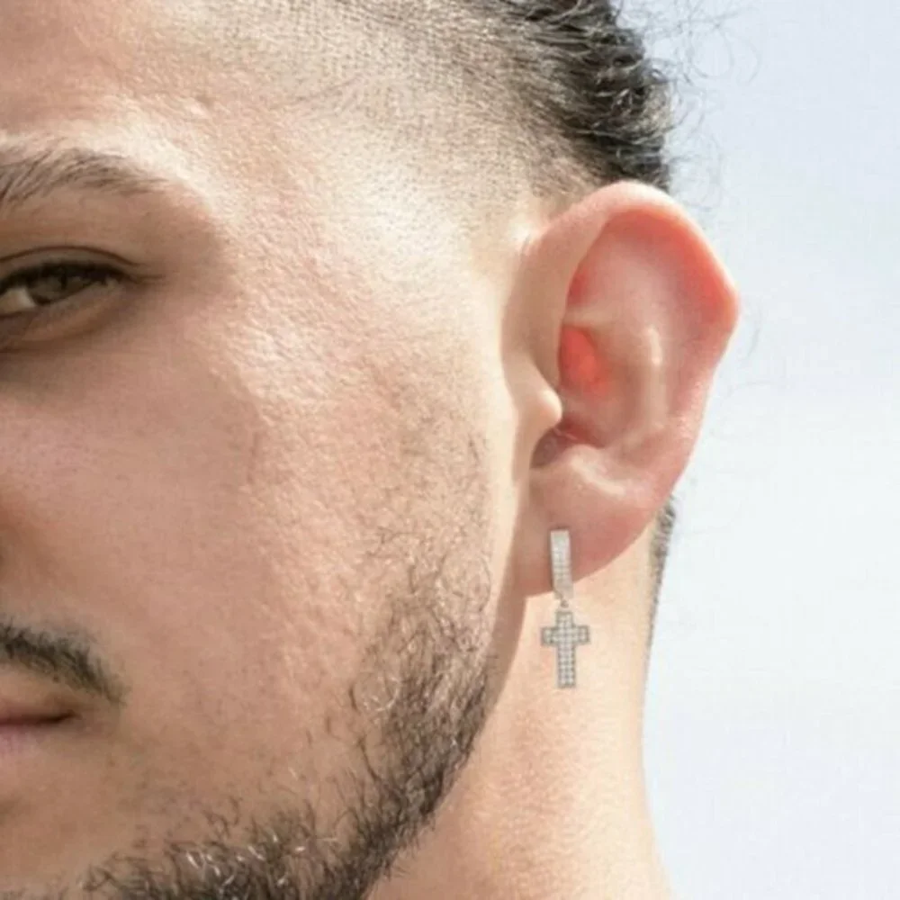 New Men 925 Sterling Silver Diamond Cross Earrings